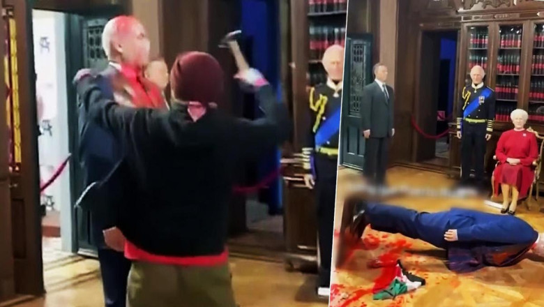 Netanyahu'nun heykelini parçaladı! Kırmızı boya döktü, çekiçle vurdu…