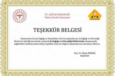 ÇOCUK SAĞLIĞI VE HASTALIKLARI SERVİSİNE TEŞEKKÜR BELGESİ