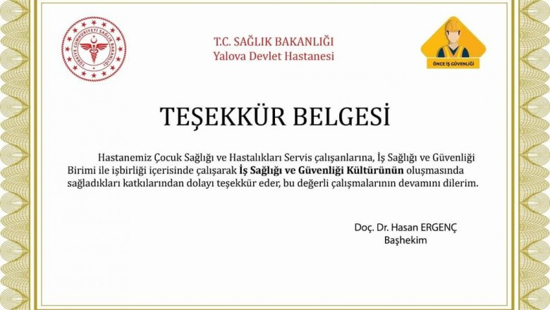 ÇOCUK SAĞLIĞI VE HASTALIKLARI SERVİSİNE TEŞEKKÜR BELGESİ